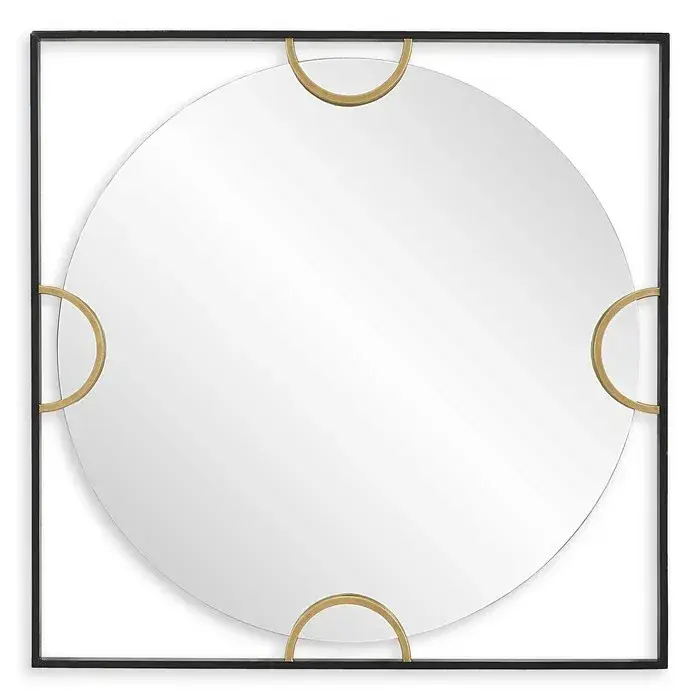 Hinson Round Mirror in Satin Black with Antique Gold Accents