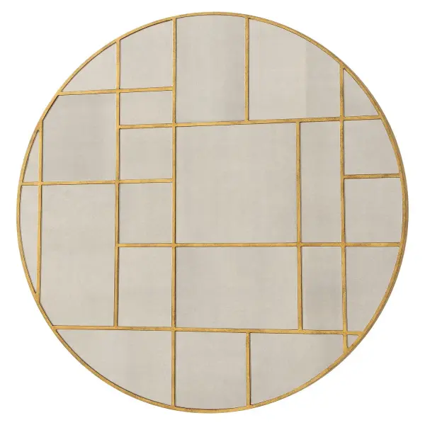 This Round Mirror Is Adorned With A Geometric Grid Pattern Encasing Individual Antique Mirror Inlays, Finished In A Lightly Antiqued Gold Leaf That Exudes Timeless Elegance And Contemporary Flair. Collection: Geometric Designer: John Kowalski Finish: Antiqued Gold Leaf Width: 45.00" Height: 45.00" Length: 0.75" Weight: 44.20 lb Extension from Wall: 0.75" Material: Mirror, Mdf Country of Origin: China Safety Rating: Indoor Only