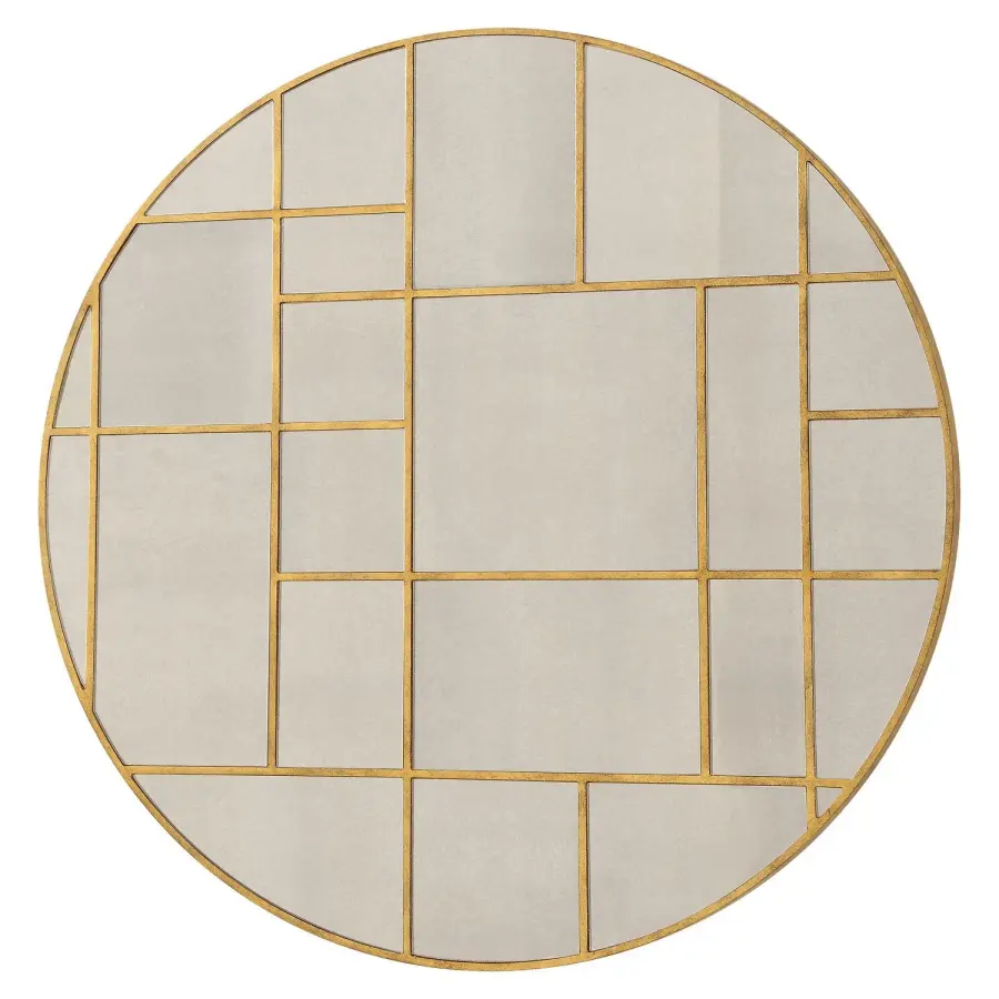 Geometric Round Mirror in Antiqued Gold Leaf