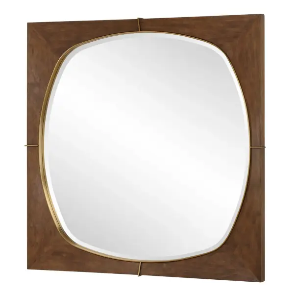 The Garonne Square Mirror Features A Solid Pine Wood Frame, With An Antiqued Walnut Stain Wash. Its Profile Boasts A Subtle Slope For Added Allure, Complemented By Stainless Steel Details Finished In Plated Brass. The Mirror Has A Generous 1" Shaped Bevel. Collection: Garonne Designer: Jim Parsons Finish: Plated Brass Width: 40.00" Height: 40.00" Length: 1.75" Weight: 40.60 lb Extension from Wall: 1.75" Material: Pine, Stainless Steel, Mirror, Mdf Country of Origin: China Safety Rating: Indoor Only