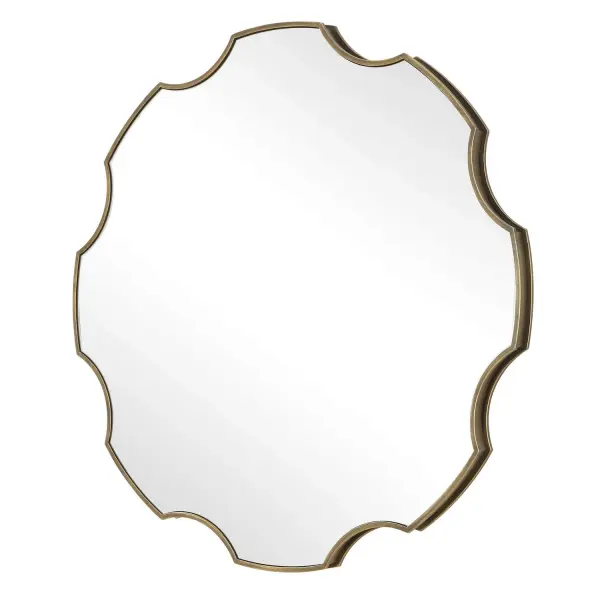 Our Gear-shaped Mirror Boast An Iron Frame With A Channeled Side And A Richly Antiqued Golden Bronze Finish. Its Distinctive Silhouette Encases A Floating Polished Edged Mirror, Creating A Blend Of Vintage Charm With Modern Allure. Collection: Gearing Up Designer: Grace Feyock Finish: Antiqued Golden Bronze Width: 39.38" Height: 39.38" Length: 2.00" Weight: 30.00 lb Extension from Wall: 2.00" Material: Iron, Mirror, Mdf Country of Origin: China Safety Rating: Indoor Only