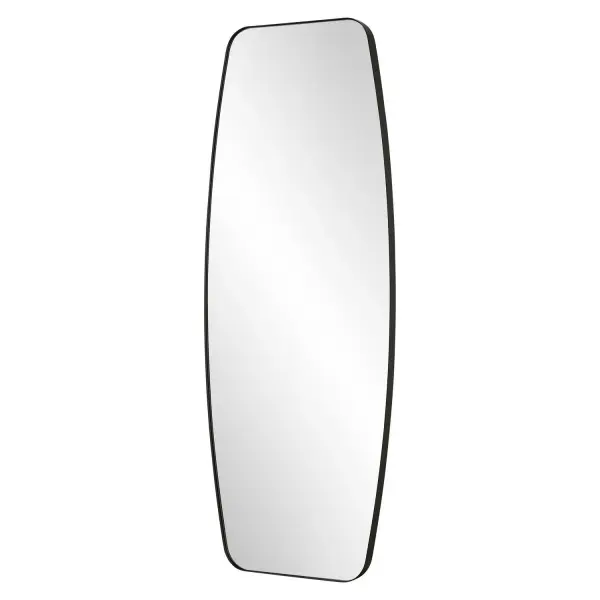 The Caspian Mirror Features A Gracefully Curved Strap Style Frame Finished In A Sleek Satin Black, Surrounding A Floating Polished Edge Mirror. Collection: Caspian Designer: Grace Feyock Finish: Satin Black Width: 27.75" Height: 71.88" Length: 2.00" Weight: 49.00 lb Extension from Wall: 2.00" Material: Iron, Mirror, Mdf Country of Origin: China Safety Rating: Indoor Only