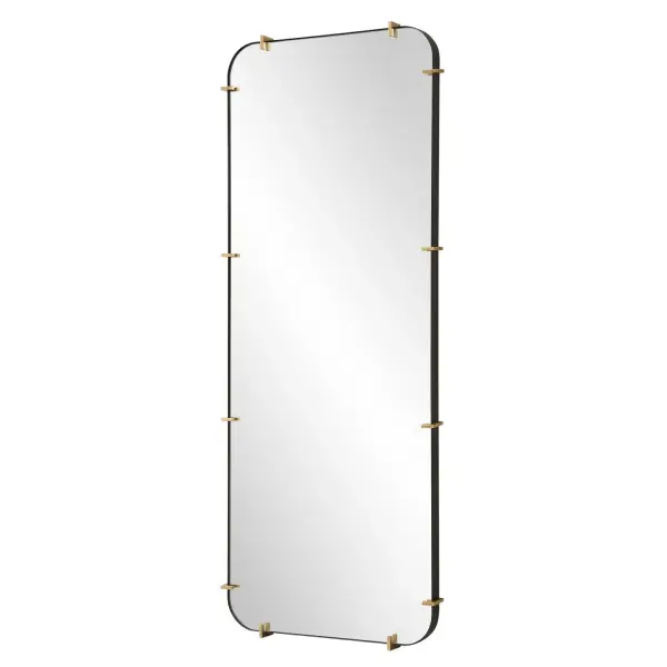 The Pali Mirror Successfully Pairs Contemporary And Industrial Styles With A Black Iron Strap Frame Accented By Lightly Antiqued Brushed Gold Details, Surrounding A Floating Polished Edge Mirror. May Be Hung Horizontal Or Vertical. Collection: Pali Designer: Grace Feyock Finish: Antiqued Brushed Gold Width: 29.38" Height: 73.50" Length: 2.50" Weight: 52.00 lb Extension from Wall: 2.50" Material: Iron, Mirror, Mdf Country of Origin: China Safety Rating: Indoor Only