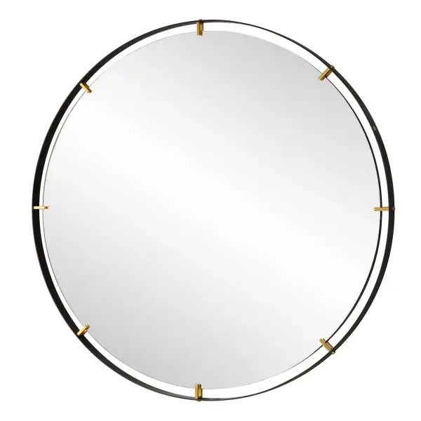 Elevate Your Home Decor With Our Grand Pendulum Round Mirror. Crafted With A Hefty Black Iron Frame Accented By Lightly Antiqued Gold Clips That Help Suspend A Polished Edge Mirror For A Statement Piece In Any Room. Collection: Grand Pendulum Designer: Matthew Williams Finish: Antiqued Gold Width: 72.25" Height: 72.25" Length: 2.00" Weight: 150.00 lb Extension from Wall: 2.00" Material: Iron, Mirror, Mdf Country of Origin: China Safety Rating: Indoor Only