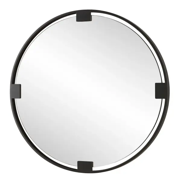 This Round Mirror Is Crafted With A Hefty Dark Bronze Iron Frame, Adorned With Matching Bands That Suspend A Polished Edge Mirror For A Look That Exudes A Timeless Charm That Complements Any Decor Style. Collection: Cornelia Designer: Matthew Williams Finish: Dark Bronze Width: 42.50" Height: 42.50" Length: 1.25" Weight: 40.44 lb Extension from Wall: 1.25" Material: Iron , Mirror, Mdf Country of Origin: Cambodia Safety Rating: Indoor Only