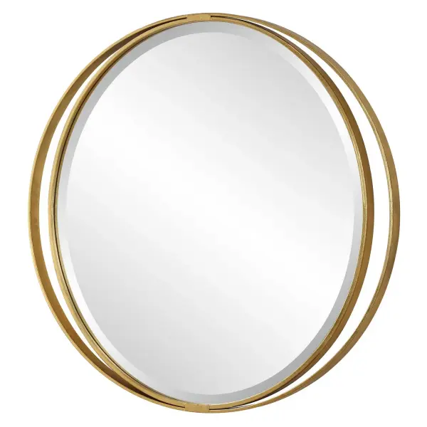 Modern In Style, The Rhodes Mirror Features A Round Outer Iron Frame Surrounding An Inner Oval, Finished In A Antiqued Metallic Gold Leaf, Adding Sophistication To Any Room. Collection: Rhodes Designer: John Kowalski Finish: Antiqued Gold Leaf Width: 36.00" Height: 36.00" Length: 1.25" Weight: 21.34 lb Extension from Wall: 1.25" Material: Iron, Mirror, Mdf Country of Origin: China Safety Rating: Indoor Only