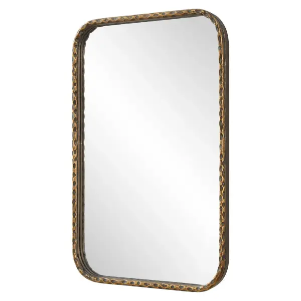 This Vanity Mirror Features A Hammered Textured Iron Frame Finished In An Aged Bronze With Intricately Knotted Detailing Adding An Organic Touch To An Otherwise Simple Silhouette. May Be Hung Horizontal Or Vertical. Collection: A Little Knotty Designer: Grace Feyock Finish: Aged Bronze Width: 20.00" Height: 30.00" Length: 1.75" Weight: 15.00 lb Extension from Wall: 1.75" Material: Mirror, Iron, Mdf Country of Origin: China Safety Rating: Indoor Only