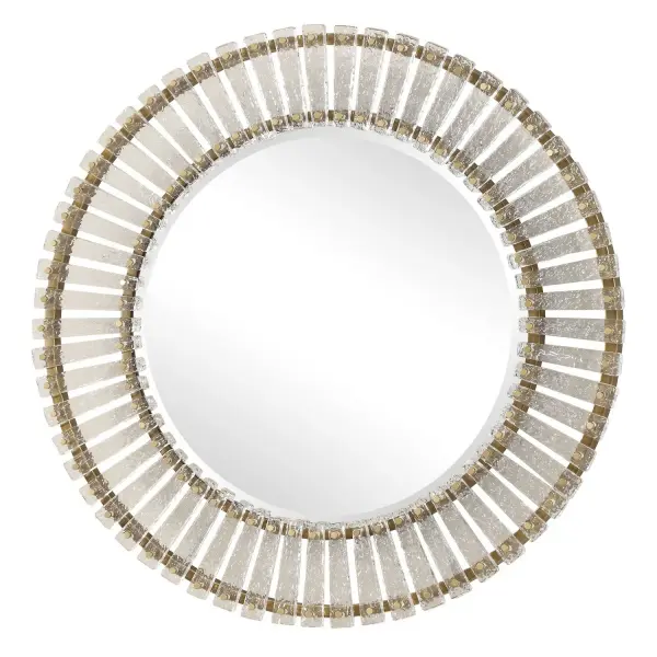 The Denali Round Mirror Features Textured Glass Keys Suspended Around Brushed Gold Iron Frames. Mirror Has A Generous 1" Bevel. Collection: Denali Designer: Osvaldo Mendoza Finish: Brushed Gold Iron Width: 40.50" Height: 40.50" Length: 2.00" Weight: 65.00 lb Extension from Wall: 2.00" Material: Glass, Metal, Mirror, Mdf Country of Origin: China Safety Rating: Indoor Only
