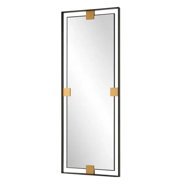 The Cornerstone Mirror, Oversized In Stature, Features Plated Brushed Brass Details Surrounded By A Metal, Free-floating Boarder Finished In A Sleek Satin Black. May Be Hung Horizontal Or Vertical. Collection: Cornerstone Designer: Grace Feyock Finish: Brushed Brass Width: 28.88" Height: 76.88" Length: 2.00" Weight: 76.00 lb Extension from Wall: 2.00" Material: Iron, Mirror, Mdf Country of Origin: Vietnam Safety Rating: Indoor Only