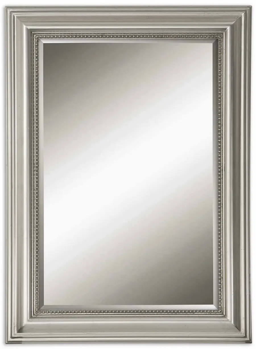 Stuart Silver Beveled Wall Mirror in Metallic Silver Leaf with Light Gray Glaze
