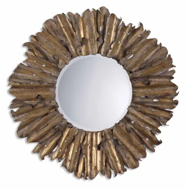 The Decorative Hand Forged And Hand Hammered Metal Frame Has An Antiqued Gold Leaf Finish With Burnished Edges And A Light Gray Wash. Mirror Has A Generous 1 1/4" Bevel. Collection: Hemani Designer: Grace Feyock Finish: Antiqued Gold Leaf w/Burnished Edges And A Light Gray Notes: MIRROR ONLY. Metal frame has an antiqued gold leaf finish with burnished edges and a light gray wash. Width: 42.75" Height: 42.75" Length: 2.75" Weight: 29.00 lb Extension from Wall: 2.75" Material: Metal Country of Origin: China Safety Rating: Indoor Only