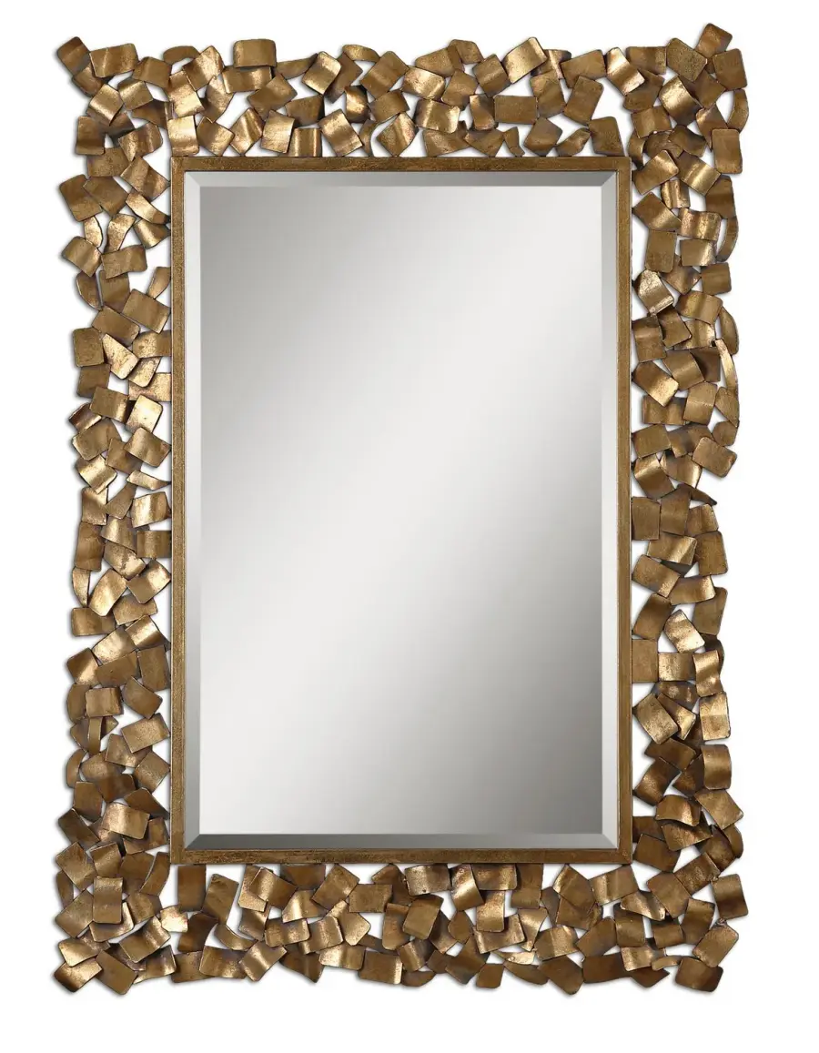 Capulin Ornate Welded Metal Mirror in Antiqued Gold Leaf with Light Gray Glaze