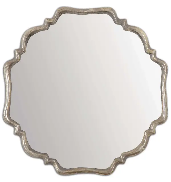 This Shapely Mirror Features A Frame With A Plated, Oxidized Silver Finish And A Rust Gray Wash. Collection: Valentia Designer: Grace Feyock Finish: Oxidized Silver w/Rust Gray Width: 32.00" Height: 32.00" Length: 2.00" Weight: 22.00 lb Extension from Wall: 2.00" Material: Mirror, Resin, Iron, Mdf Country of Origin: China Safety Rating: Indoor Only