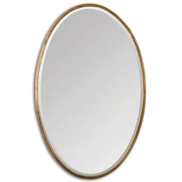 Narrow, Hand Forged Metal Frame Finished In A Rich Gold Leaf. Mirror Is Beveled And May Be Hung Horizontal Or Vertical. Collection: Herleva Oval Designer: Grace Feyock Finish: Antiqued Gold Width: 17.75" Height: 27.88" Length: 1.13" Weight: 8.00 lb Extension from Wall: 1.13" Material: Mirror, Iron, Mdf Country of Origin: Malaysia Safety Rating: Indoor Only