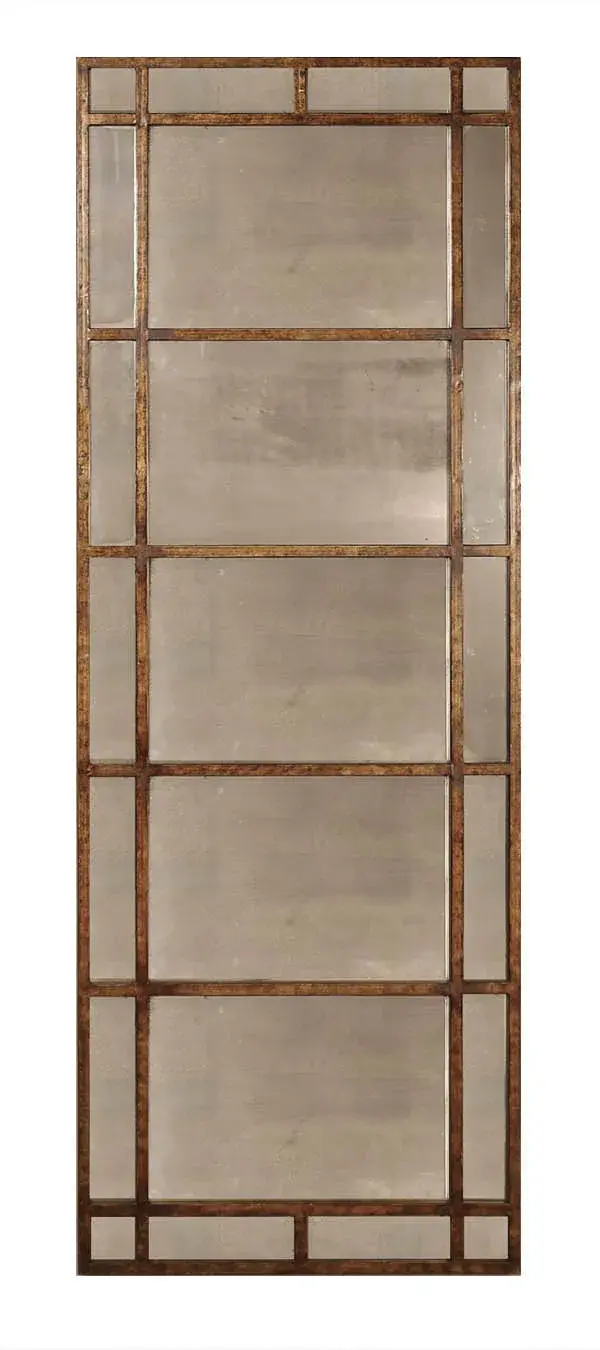 This Mirror Features A Narrow Metal Frame Finished In Heavily Antiqued Rustic Bronze With Antiqued Style Mirrors. May Be Hung Horizontal Or Vertical. Collection: Avidan Designer: Grace Feyock Finish: Antiqued Rustic Bronze Width: 28.50" Height: 79.38" Length: 1.13" Weight: 52.00 lb Extension from Wall: 1.13" Material: Metal Country of Origin: China Safety Rating: Indoor Only