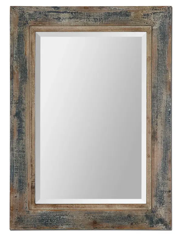 Heavily Distressed, Slate Blue Frame With Aged Wood Undertones And Rustic Ivory Accents. Mirror Has A Generous 1 1/4" Bevel. Collection: Bozeman Designer: Grace Feyock Finish: Blue w/Aged Wood Undertone Width: 27.75" Height: 37.75" Length: 1.00" Weight: 18.00 lb Extension from Wall: 1.00" Material: Mirror, Fir, Mdf Country of Origin: China Safety Rating: Indoor Only