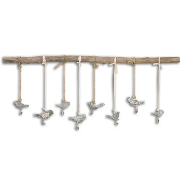A natural elm branch with dark bronze metal birds finished in an ivory glaze, each fitted with a clip for hanging notes or photos. Charming, functional wall decor.