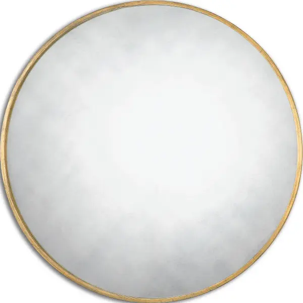 Narrow Metal Frame With A Heavily Antiqued Gold Leaf Finish Surrounds The Antique Style Mirror. Collection: Junius Round Finish: Antiqued Gold Width: 43.00" Height: 43.00" Length: 1.25" Weight: 31.60 lb Extension from Wall: 1.25" Material: Metal / Mdf Country of Origin: China Safety Rating: Indoor Only