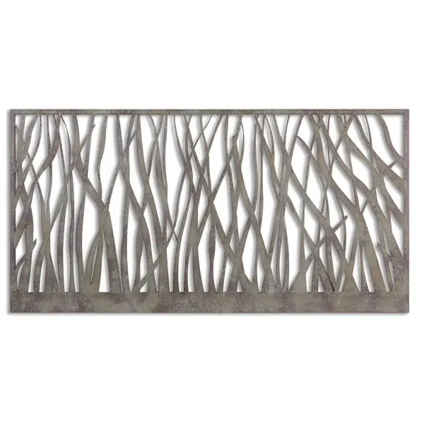 A large hand-forged metal wall art piece with a rust-olive finish and aged gray undertones, delivering artisanal texture and warmth to statement walls.