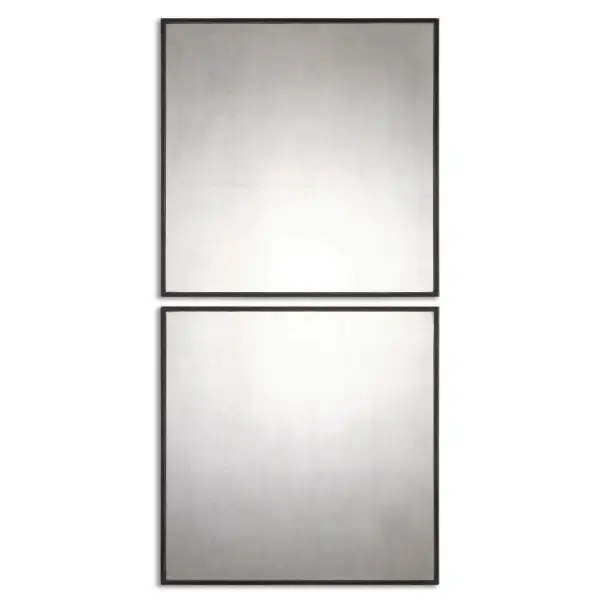 Antiqued Mirrors Accented With Aged Black Frames With Red Undertones. Collection: Matty Squares Finish: Aged Black w/Red Width: 23.50" Height: 23.50" Length: 1.00" Weight: 30.00 lb Extension from Wall: 1.00" Material: Mdf Country of Origin: China Safety Rating: Indoor Only