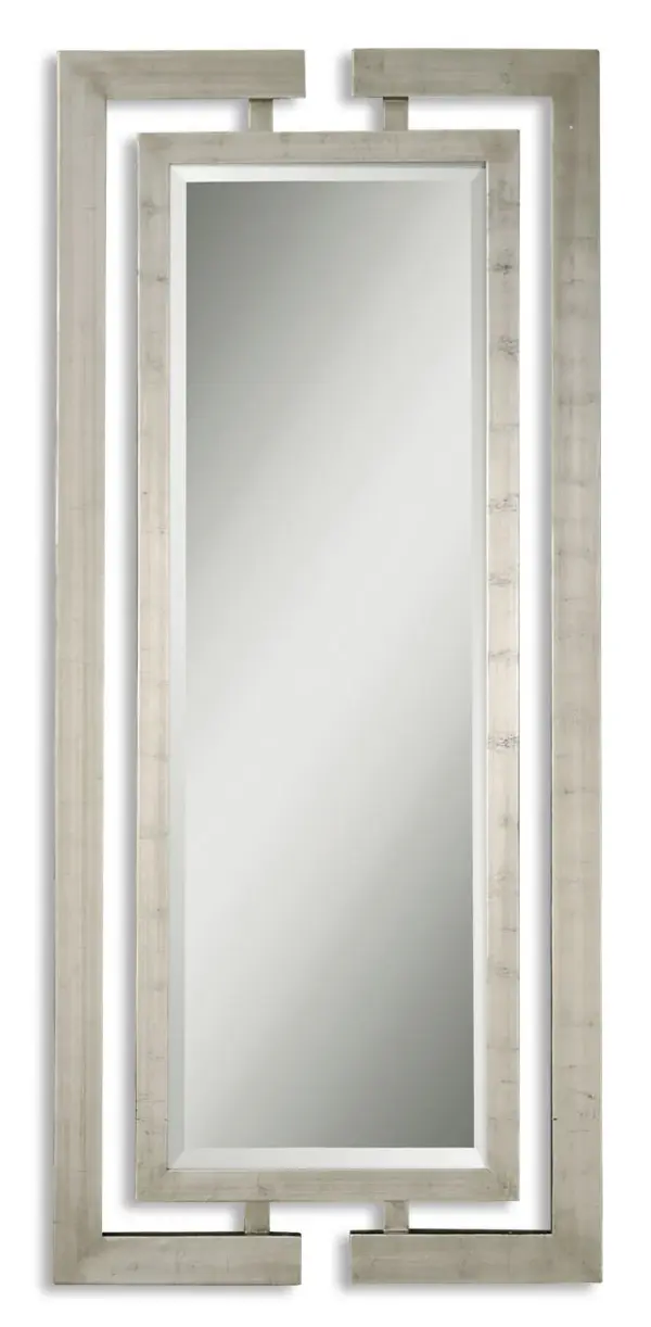 This Stately Mirror Features Dual Wooden Frames Attached At The Top And Bottom With A Scratched Silver Leaf Finish. Frames Have Open Detail For Wall Color To Show Through. Mirror Has A Generous 1 1/4" Bevel And May Be Hung Horizontal Or Vertical. Collection: Jamal Designer: Grace Feyock Finish: Silver Leaf Notes: Frames have open detail for wall color to show thru. Mirror has a generous 1 1/4`` bevel. Width: 34.00" Height: 76.00" Length: 1.38" Weight: 42.00 lb Extension from Wall: 1.38" Material: Wood Country of Origin: China Safety Rating: Indoor Only