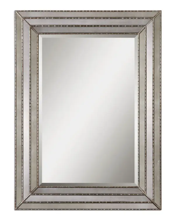 This Mirror Features A Frame Made Of Antiqued Mirror Inlays With Burnished Silver Details. Center Mirror Features A Generous 1 1/4" Bevel. May Be Hung Horizontal Or Vertical. Collection: Seymour Designer: Grace Feyock Finish: Antiqued Mirror w/Burnished Silver Notes: This mirror features a frame made of antiqued mirror inlays with burnished silver details Width: 34.75" Height: 46.75" Length: 2.00" Weight: 46.00 lb Extension from Wall: 2.00" Material: Wood Country of Origin: Vietnam Safety Rating: Indoor Only