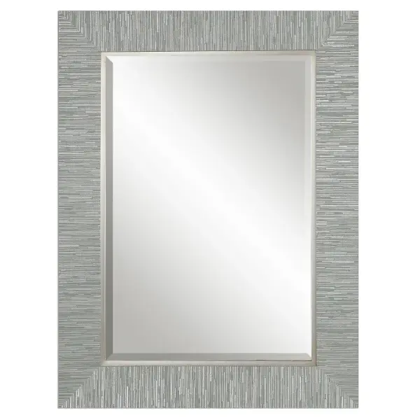 Solid Wood Frame With A Blue-gray And Silver Striped, Textured Wrap Finish Accented With A Silver Leaf Inner Lip. Mirror Is Beveled And May Be Hung Horizontal Or Vertical. Collection: Belaya Designer: Grace Feyock Finish: Blue-gray And Silver Width: 28.00" Height: 38.00" Length: 1.25" Weight: 18.00 lb Extension from Wall: 1.25" Material: Pine Country of Origin: China Safety Rating: Indoor Only
