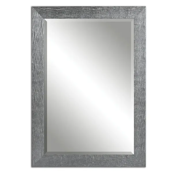 Frame Has A Textured, Silver Finish With A Light Gray Glaze. Mirror Is Beveled And May Be Hung Horizontal Or Vertical. Collection: Tarek Finish: Silver w/Light Gray Glaze Width: 29.88" Height: 41.88" Length: 0.88" Weight: 24.00 lb Extension from Wall: 0.88" Material: Mdf Country of Origin: China Safety Rating: Indoor Only