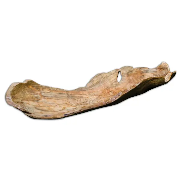A solid teak decorative bowl with organic grain variation, suited for indoor or outdoor display. Each piece is unique, though sizing and grain will vary by unit.