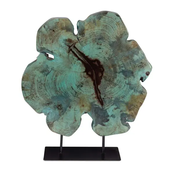 A one-of-a-kind natural wood sculpture with a bold blue-green finish and black base, ideal as an artistic accent for shelves or console tables.