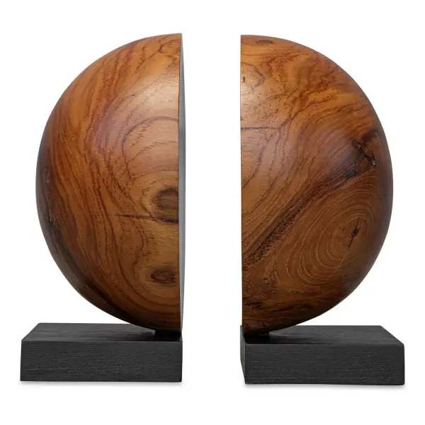 A functional set of two natural teak bookends with black wood bases, blending organic warmth with modern styling for shelves or desks.