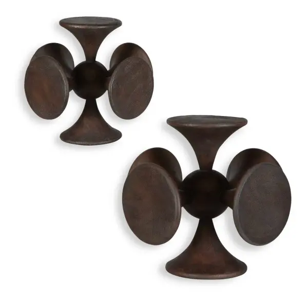 A set of two hand-crafted wood sculptures with a striking spherical, disk-adorned silhouette. Dark walnut finish adds warmth and modern artistry to shelves or tabletops.