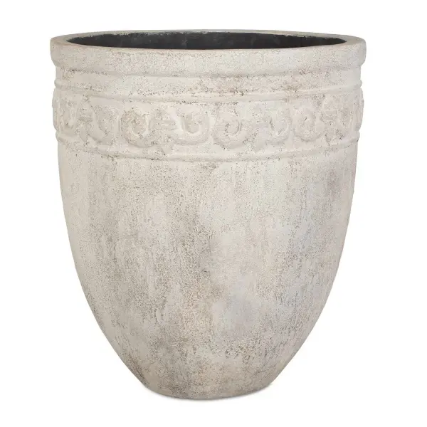 This Oversized Planter Features An Elegant Carved Band Design, Adding Timeless Sophistication To Any Garden Or Patio. Its Durable And Weather-resistant Reinforced Concrete Material Makes It A Perfect Choice For Both Indoor And Outdoor Use, Offering An Antique Charm With A Modern Edge. Safe For Outdoor Use, But Protection From Freezing Temperatures Is Recommended. Collection: Timeless Designer: Osvaldo Mendoza Width: 25.75" Height: 29.75" Length: 25.75" Weight: 66.14 lb Material: Grc Country of Origin: Indonesia Safety Rating: Indoor/Outdoor