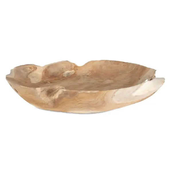 Handcrafted from solid teak with a live-edge silhouette, this bowl adds natural texture to tabletops. Indoor/outdoor rated, each piece varies slightly for a one-of-a-kind look.