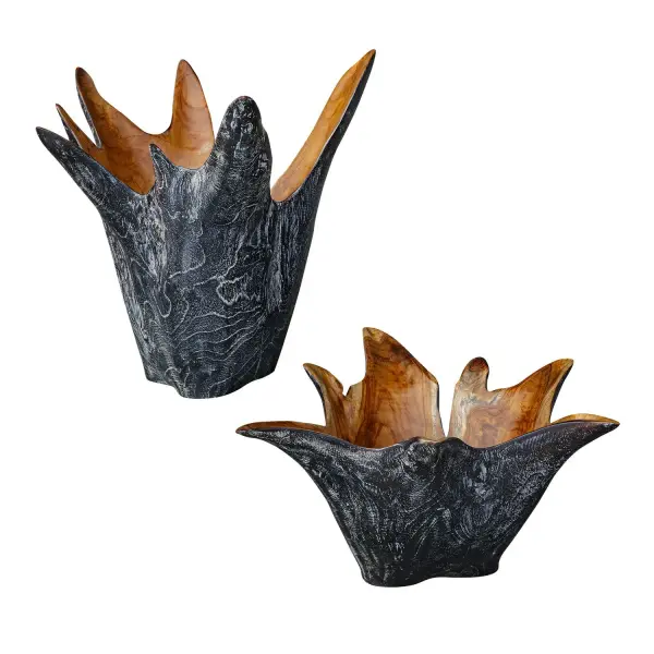 A handcrafted teakwood bowl set blending smooth natural interiors with rustic black-and-white exteriors—versatile decor for indoor or outdoor styling.