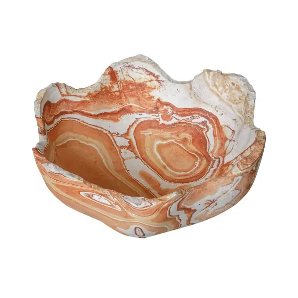 A sculptural natural stone bowl with warm russet, ivory, and sand tones. Indoor/outdoor rated, perfect for tabletop or console styling with organic character.