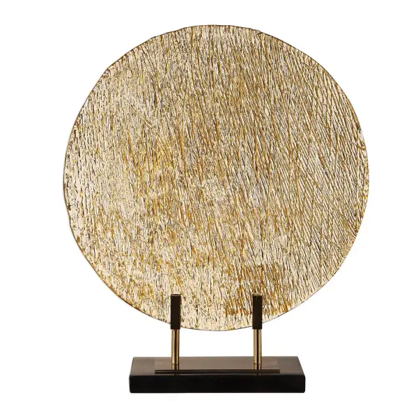 This rippled art glass charger on a bronze steel stand with black marble base adds artisanal texture and shine to any surface.