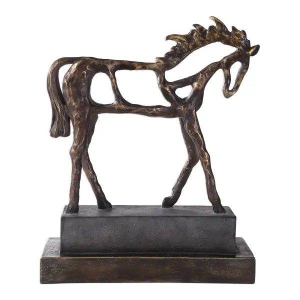This heavily textured horse figure in antiqued bronze and dark brown glaze brings a sculptural, tactile accent to shelves, mantels, and tabletops.