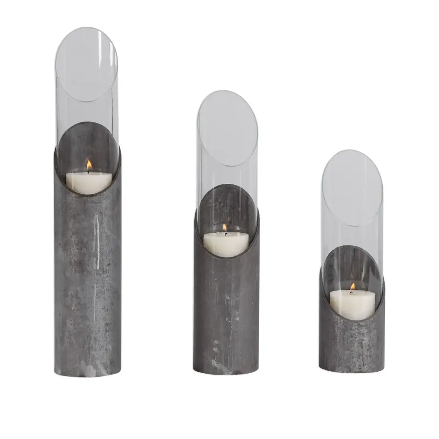 Karter Angular Candleholders, Set of 3 - Raw Iron & Clear Glass
