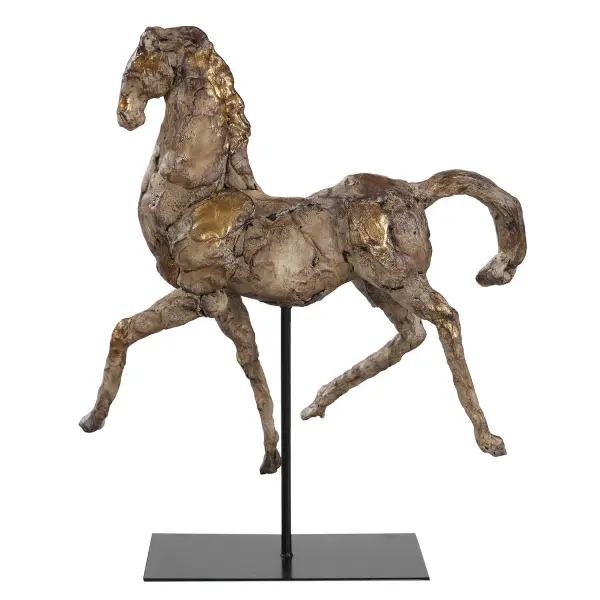 This horse sculpture blends aged silver and gold tones over a resin form on an iron base, adding a refined decorative accent to shelves, consoles, or desks.