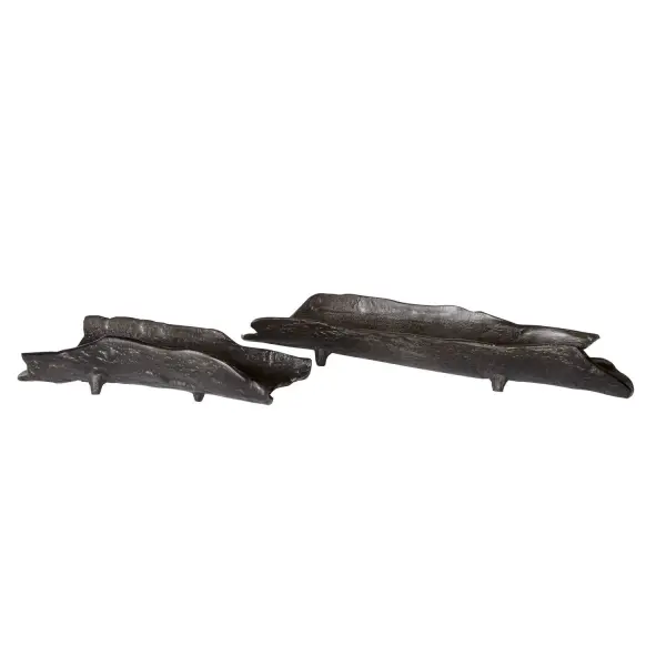 A set of two organically shaped cast aluminum trays in a dark black nickel finish. Versatile decor pieces for tabletop styling, indoor use only.