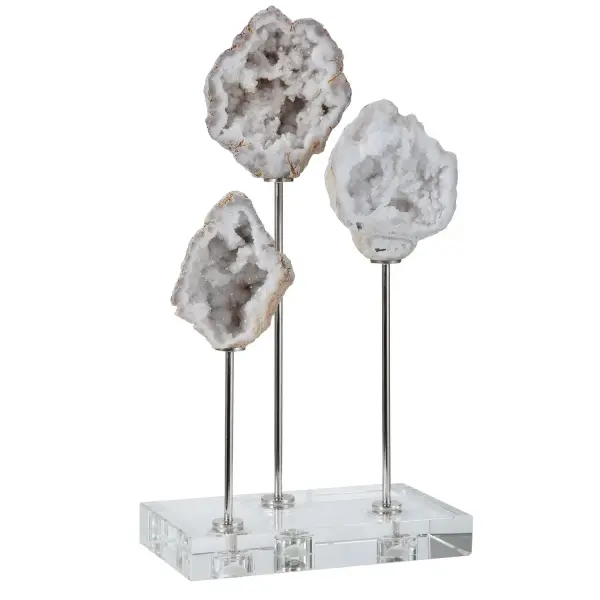 Elegant Natural Stones Are Set Atop Crystal Bases With Polished Nickel Plated Accents. Collection: Cyrene Designer: Jim Parsons Finish: Polished Nickel Width: 8.38" Height: 14.50" Length: 4.75" Weight: 6.60 lb Material: Steel & Marble & Crystal Country of Origin: China Safety Rating: Indoor Only