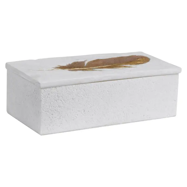 A charming decorative accent piece with a stone-like aged white finish and gold leaf etched feather design, ideal for adding subtle texture and storage to any tabletop.