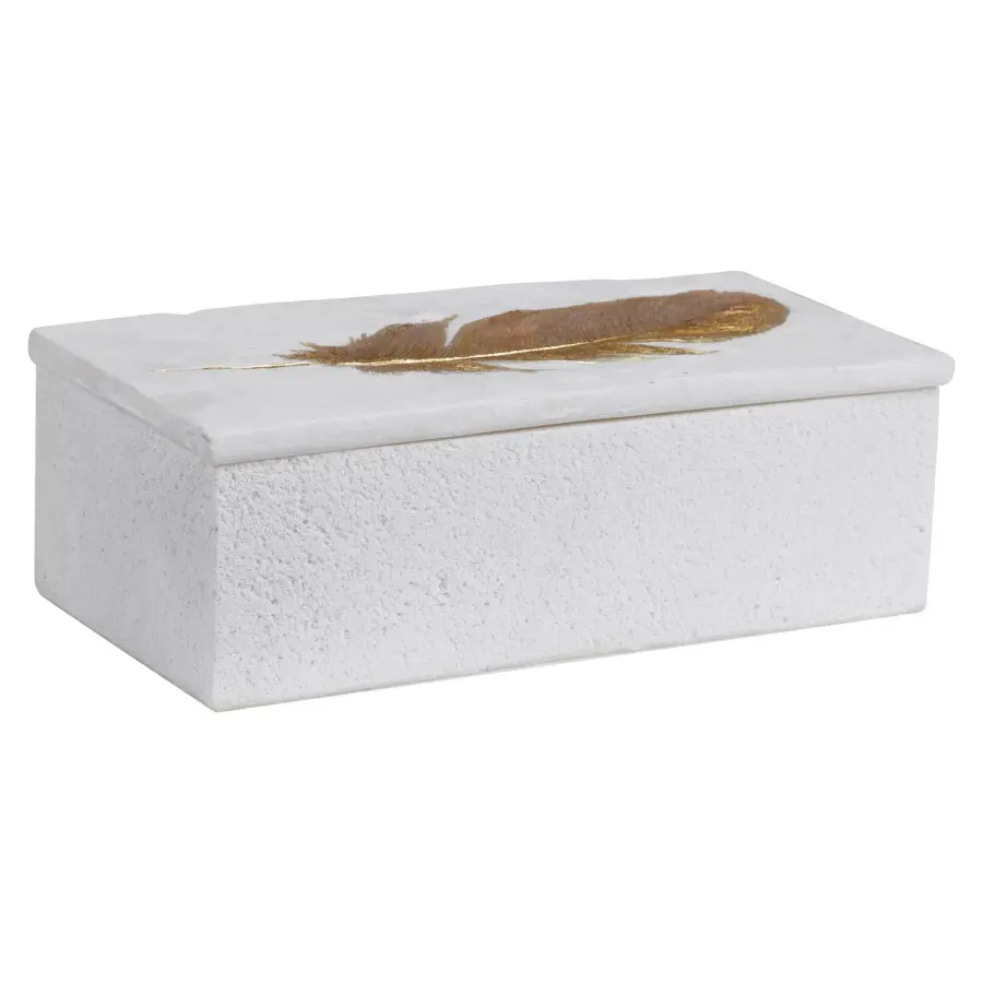 Nephele Aged White Decorative Box with Gold Leaf Feather Accent