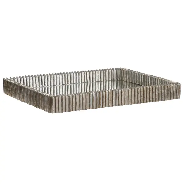A decorative accent tray blending an organic ribbed silhouette with a lustrous silver leaf finish and mirrored base for subtle shine on any surface.