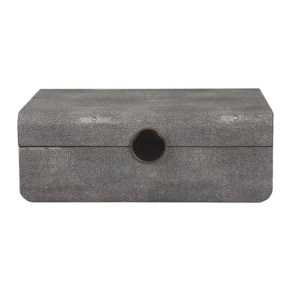A decorative box blending faux shagreen texture with brushed antique brass and black enamel details, offering understated luxury for shelves and tabletops.