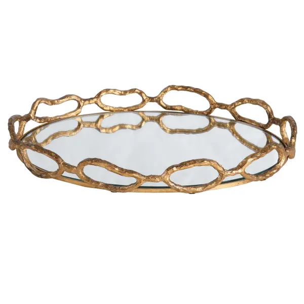 A cast iron decorative tray finished in distressed gold leaf with a mirrored bottom, ideal for styling tabletops with a touch of glamour.