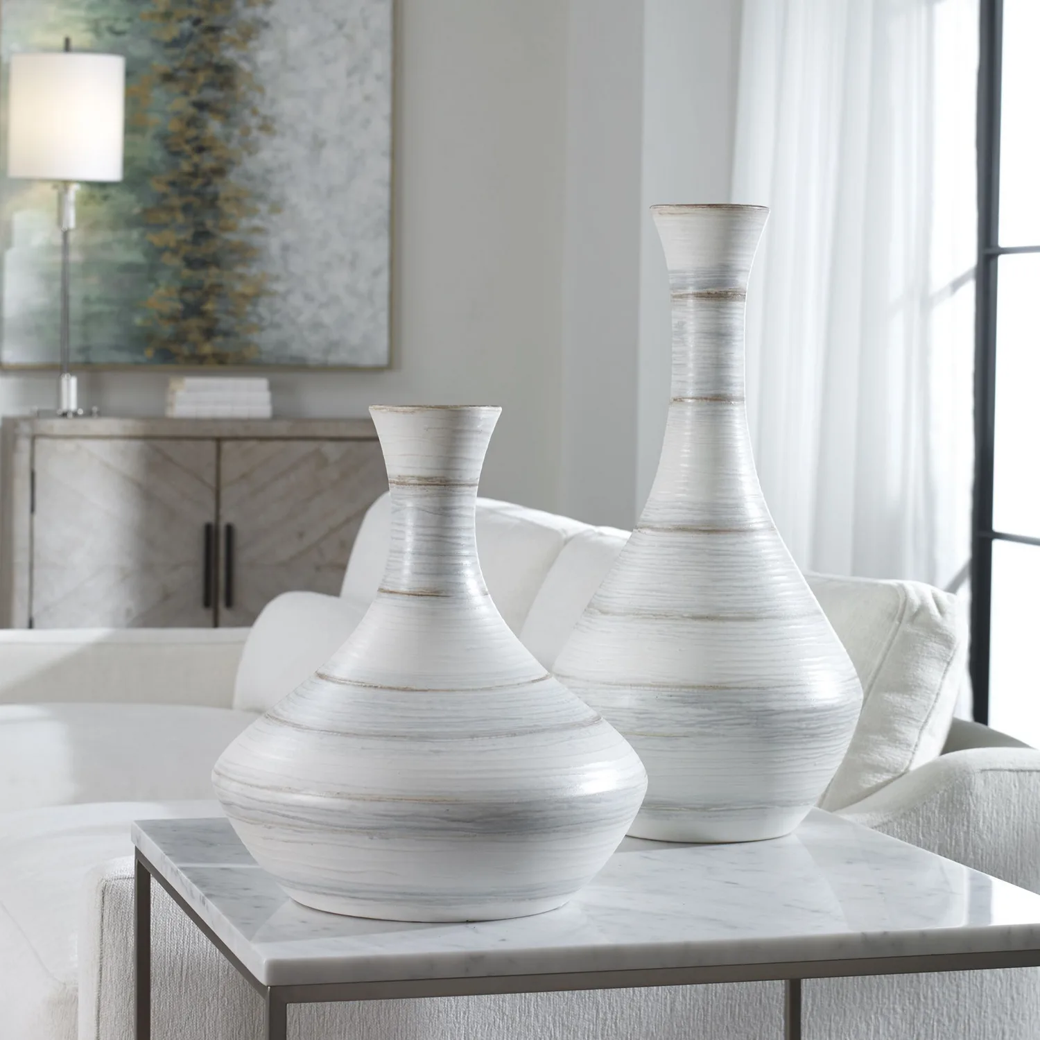 Potter Vases, S/2 in Ivory, Blue, And Tan