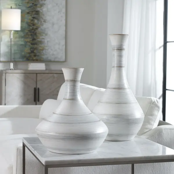 Potter Vases, Set of 2 in Ivory, Blue, and Tan