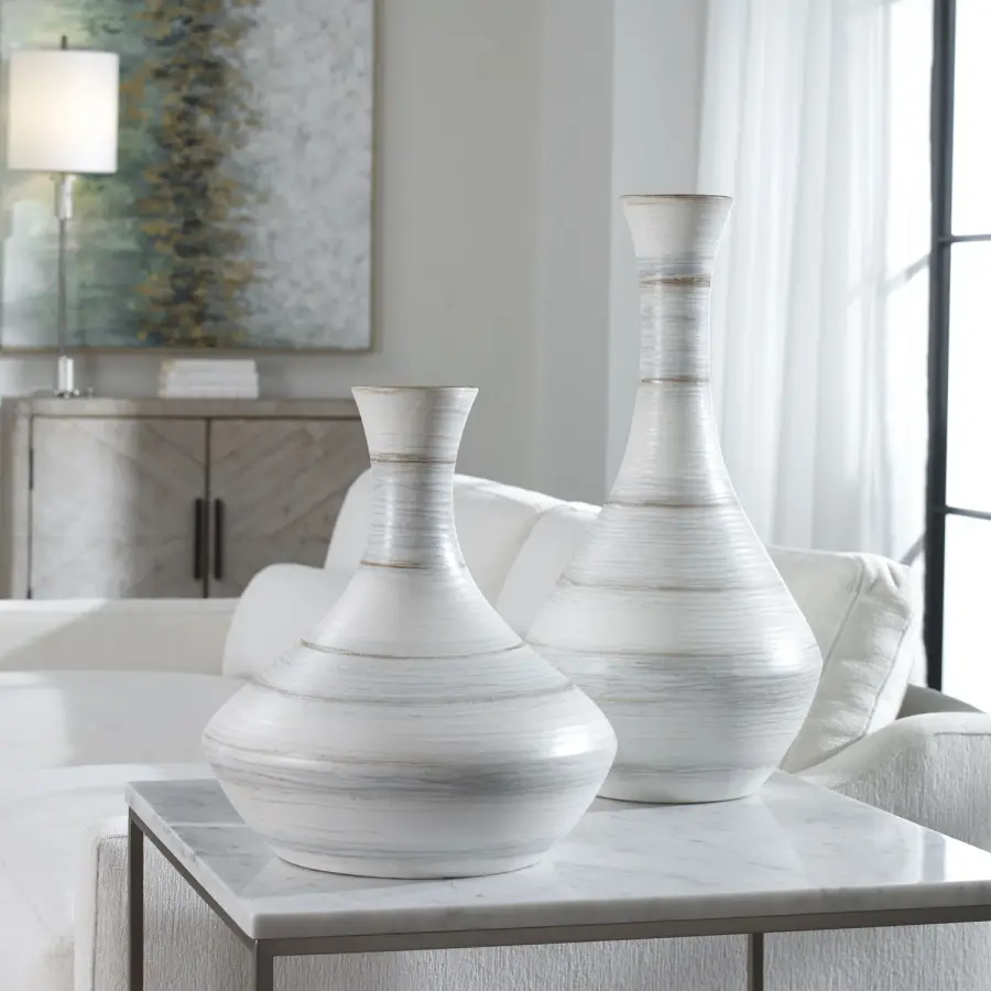 Potter Vases, Set of 2 in Ivory, Blue, and Tan